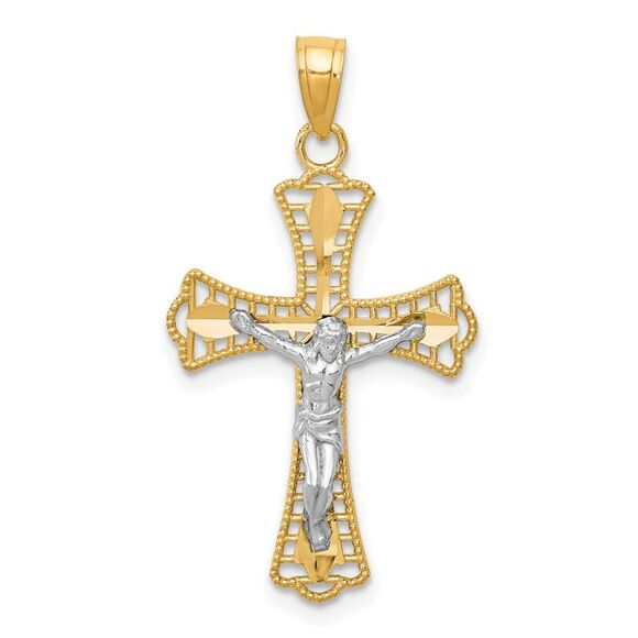 10K Yellow Gold w/Rhodium Diamond-Cut Crucifix Pendant